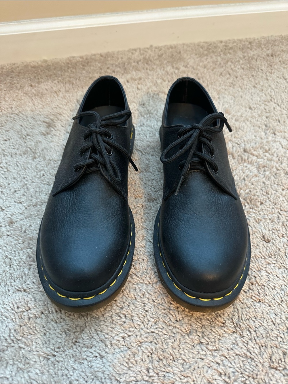 Dr. Martens Black Leather Lace-Up Oxfords with Yellow Stitching